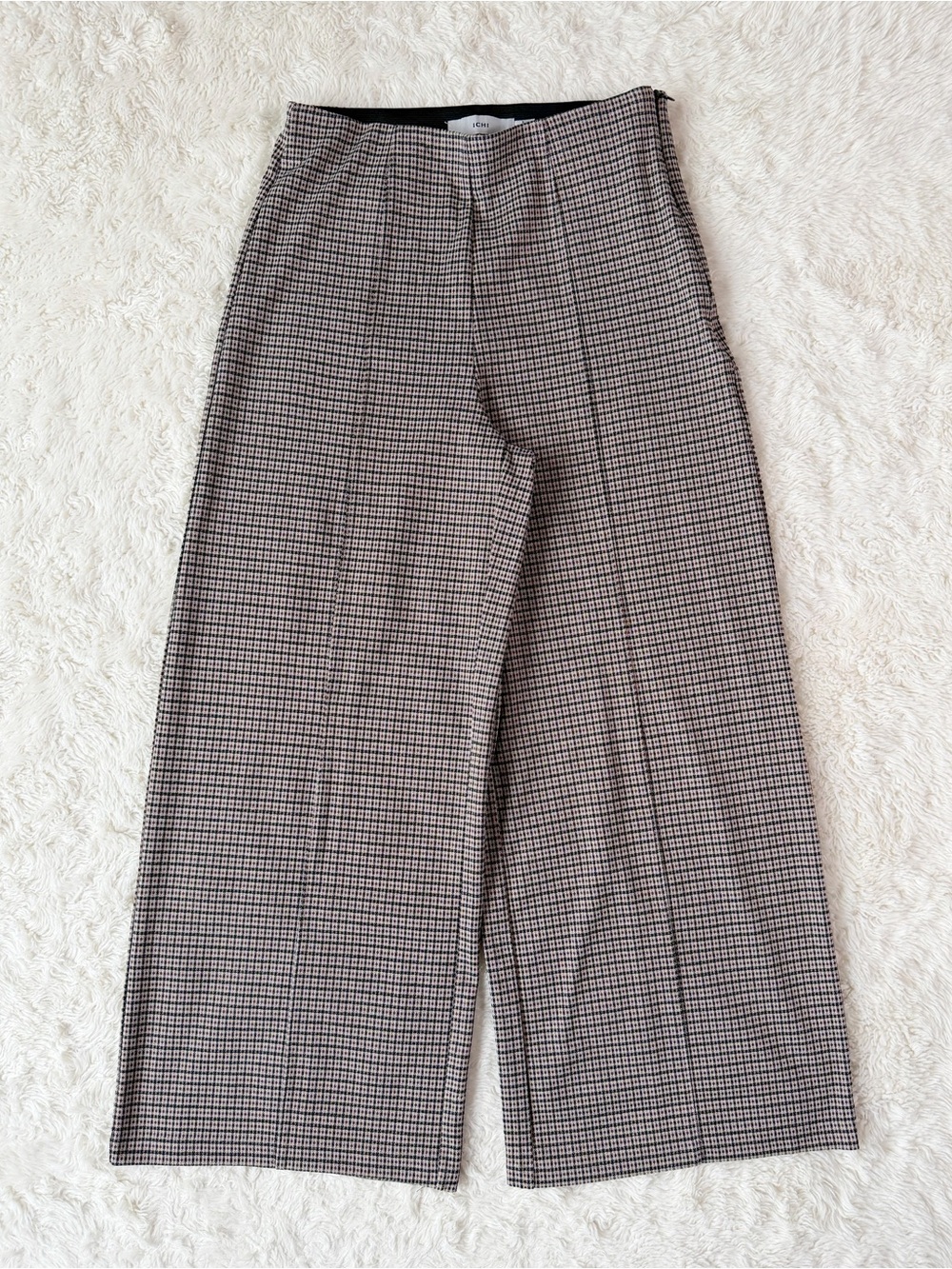 Ichi Woman Brown Black Checked High Waist Wide Leg Stretch Fabric Pants MEDIUM - Picture 4 of 12
